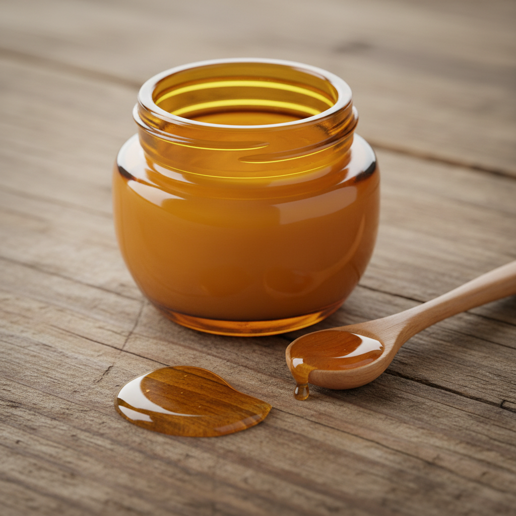 Golden truffle honey drizzling from a wooden spoon, warm amber tones