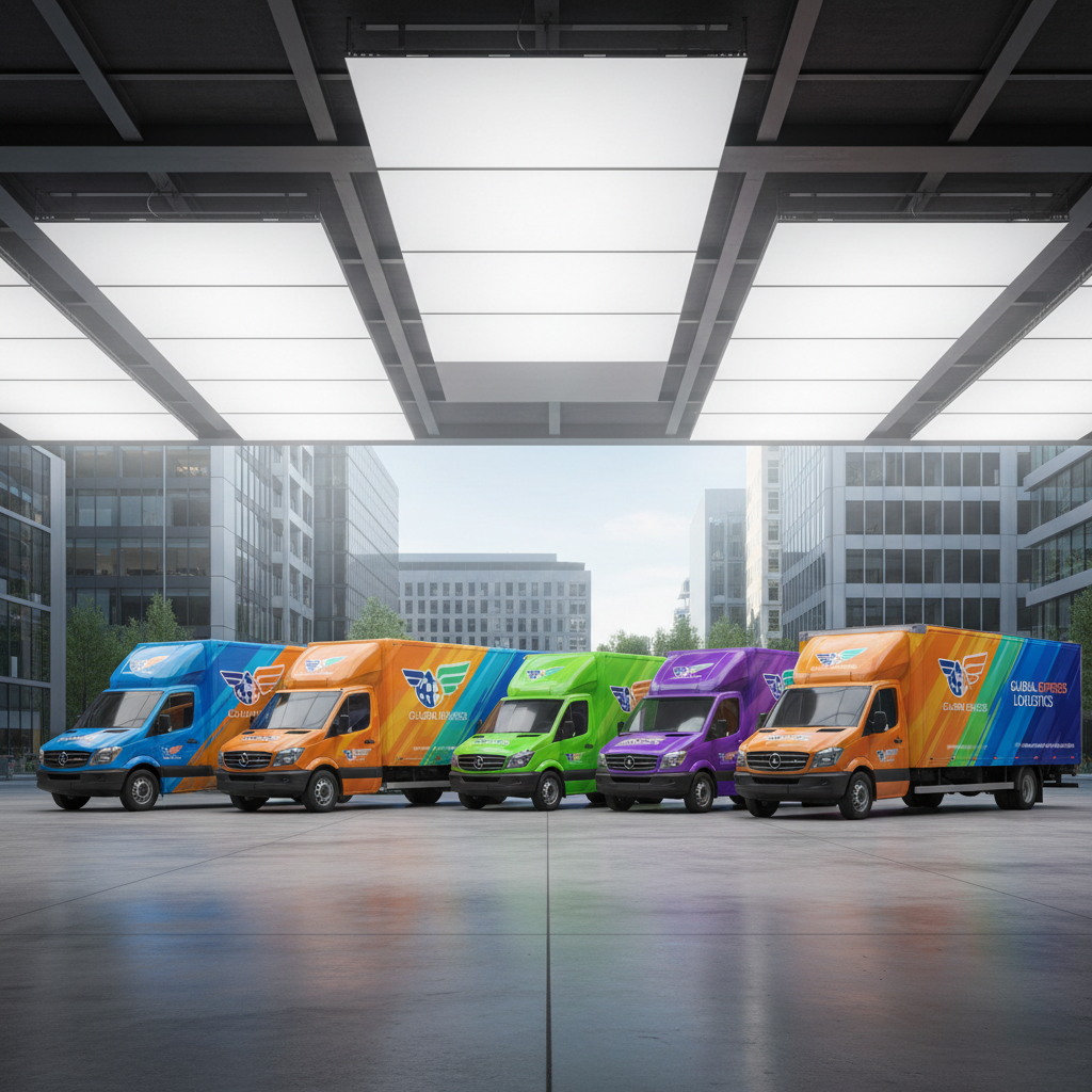Professional commercial fleet vehicles with branded wraps, clean urban environment, daylight, premium corporate identity