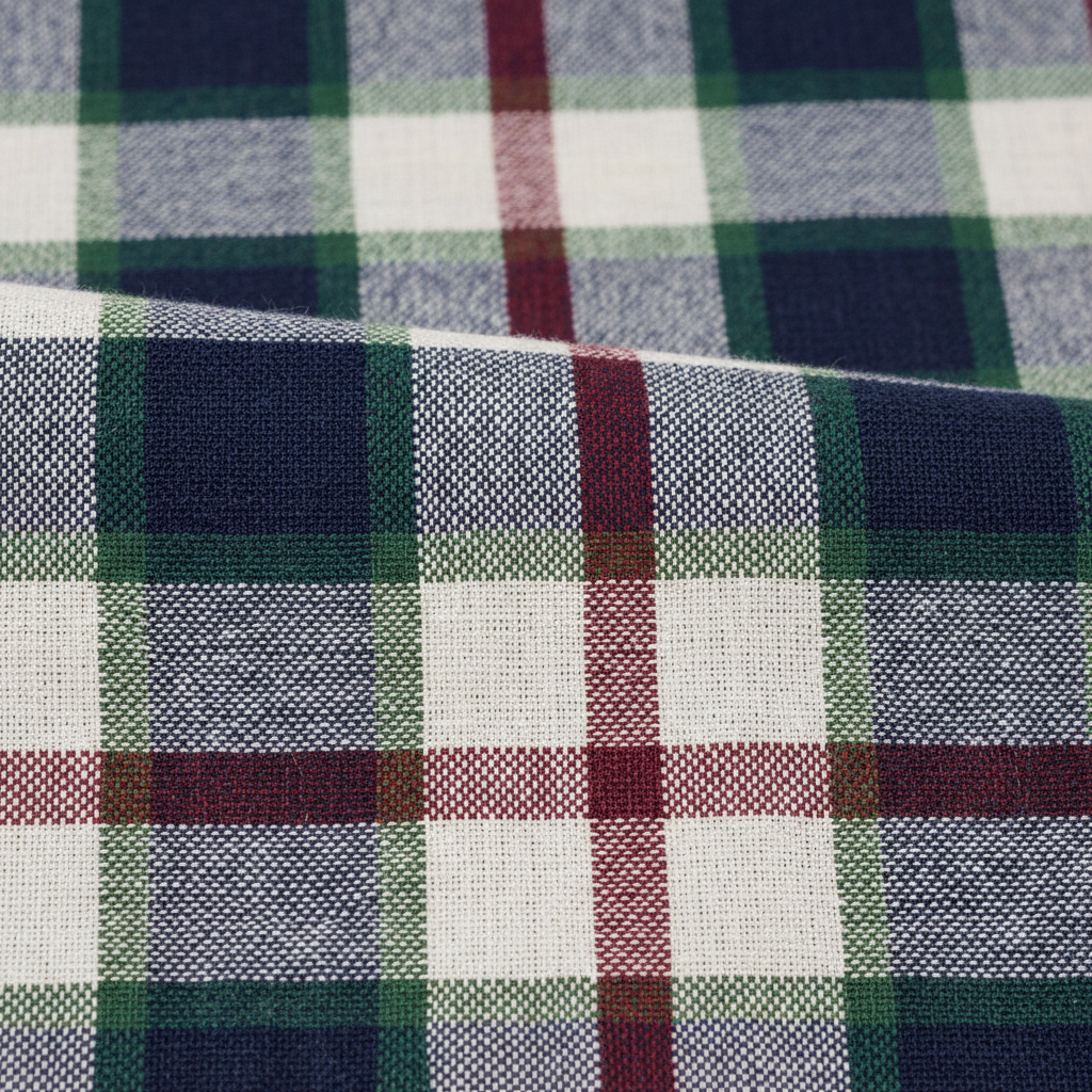 Navy and burgundy plaid tartan textile pattern on ivory ground