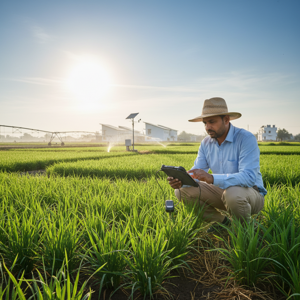 Modern agricultural field with drones monitoring crops, farmers using tablets to view AI-powered crop health analytics, and automated irrigation systems