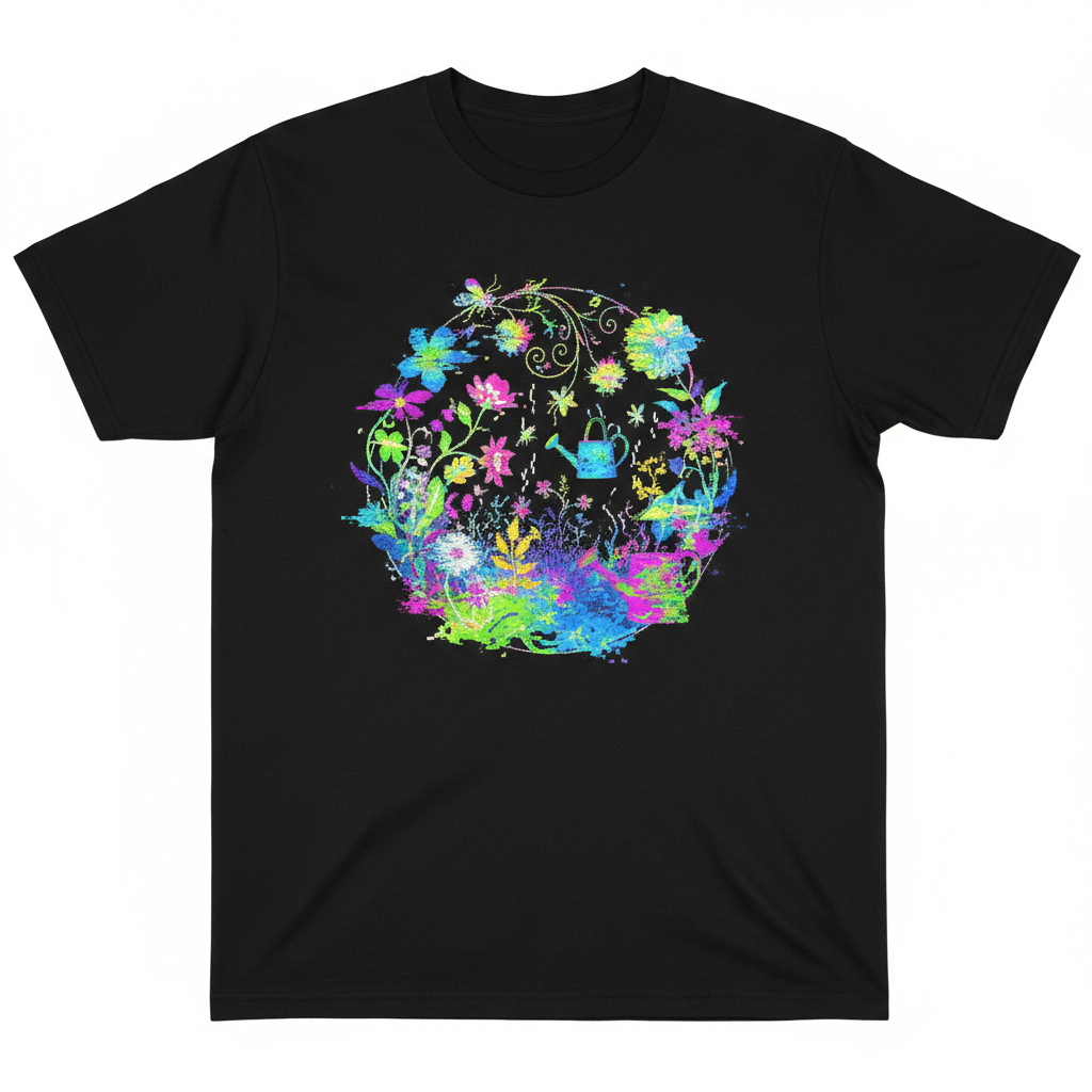 Black tee with garden static art print