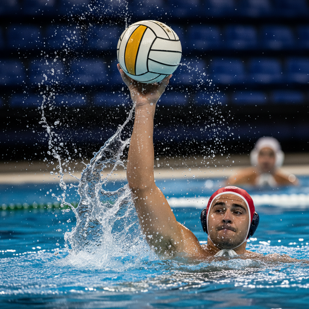 Water polo player's hand exploding upward with ball, droplets frozen mid-air, cap ear-guards glistening