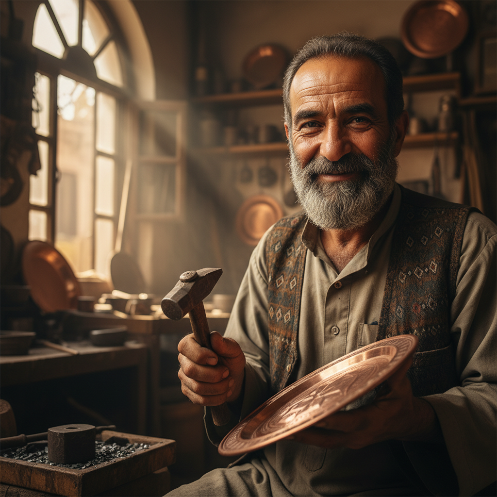 رجل عراقي في الأربعينيات يبتسم بدفء، خلفية هادئة