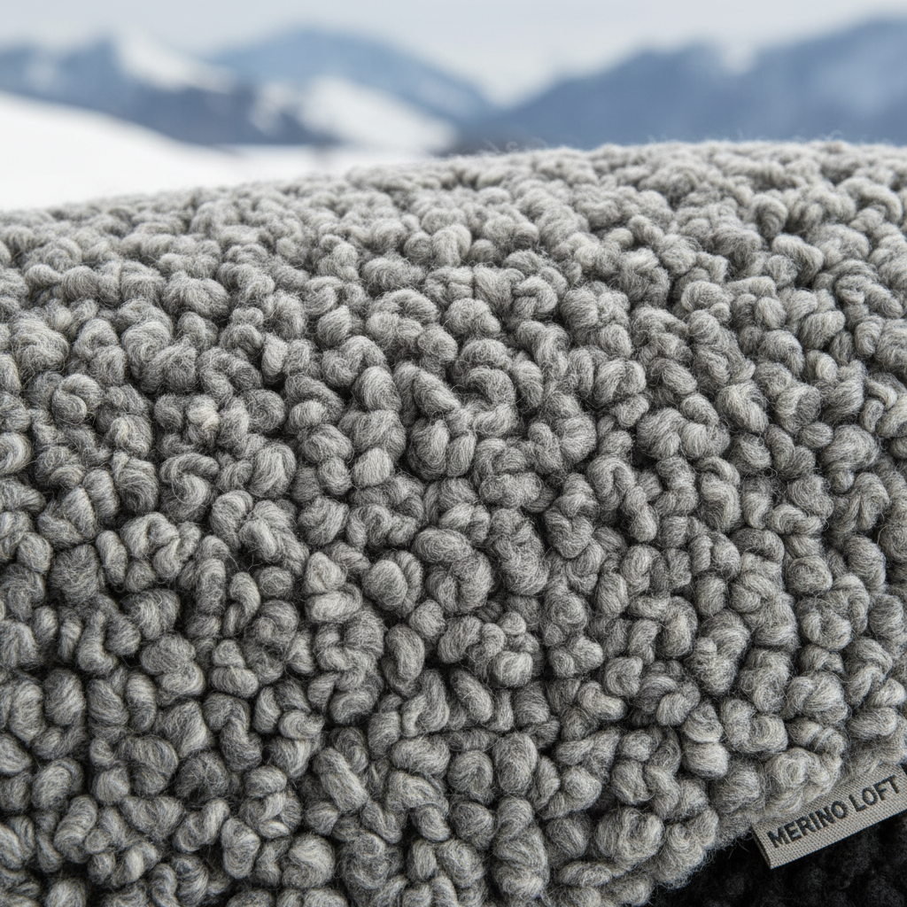 Thermal mid-layer fabric showing lofted merino structure with air-trapping fiber loops for insulation