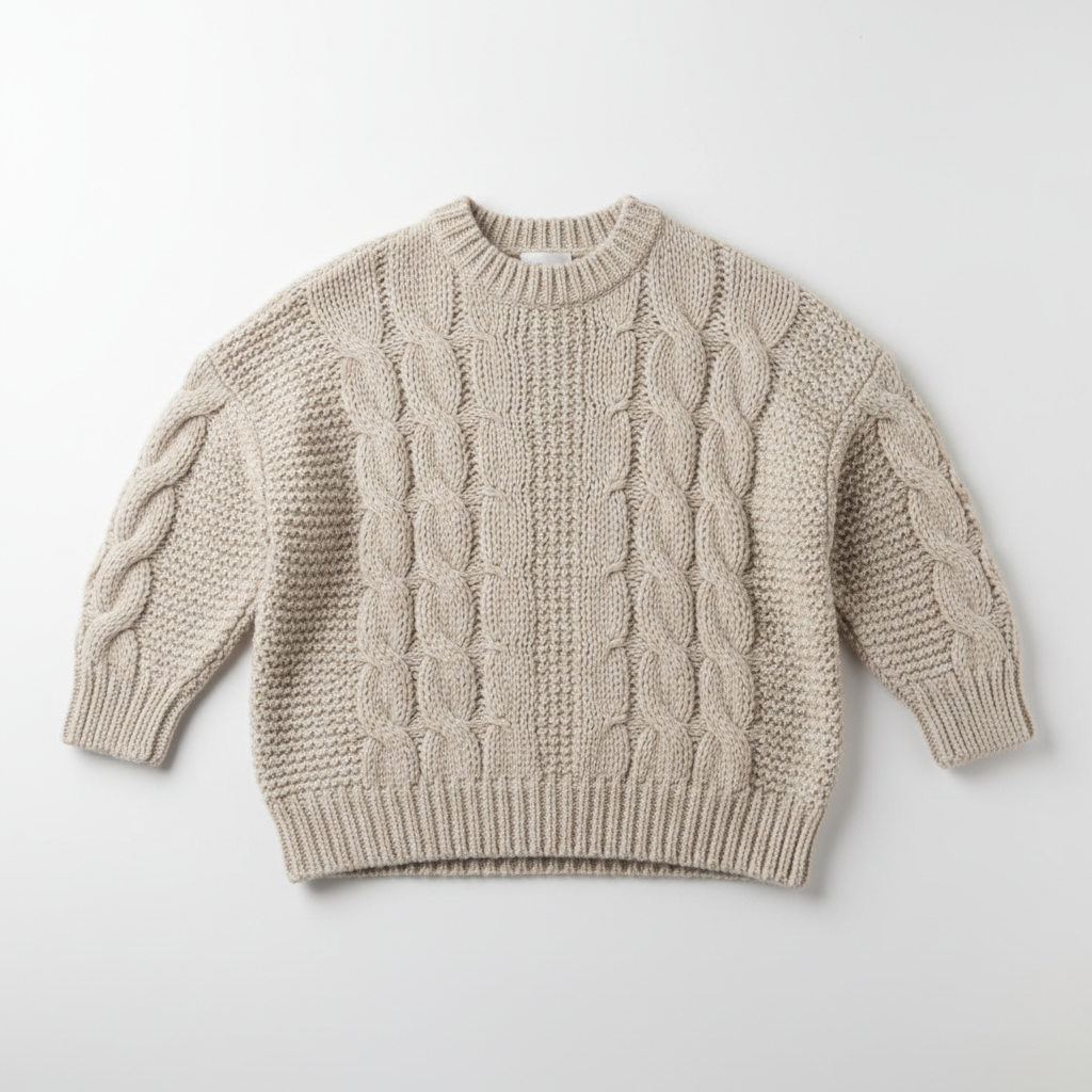 Cozy knit cardigan in oatmeal, flat lay on light linen surface, bright daylight