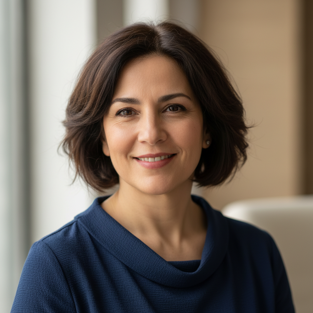 Turkish woman in her thirties with warm smile wearing casual clothing standing in training facility