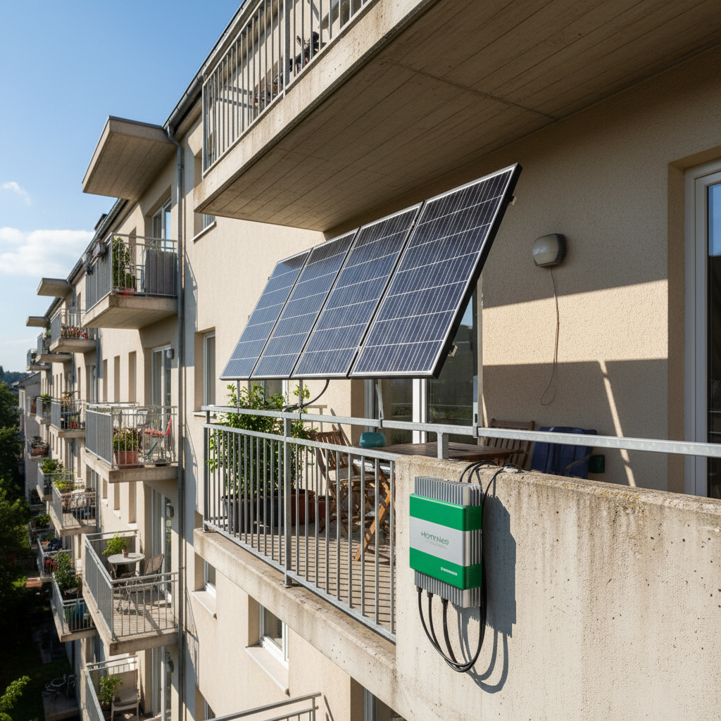 Installation solaire balcon Hoymiles avec micro-onduleur visible, immeuble résidentiel