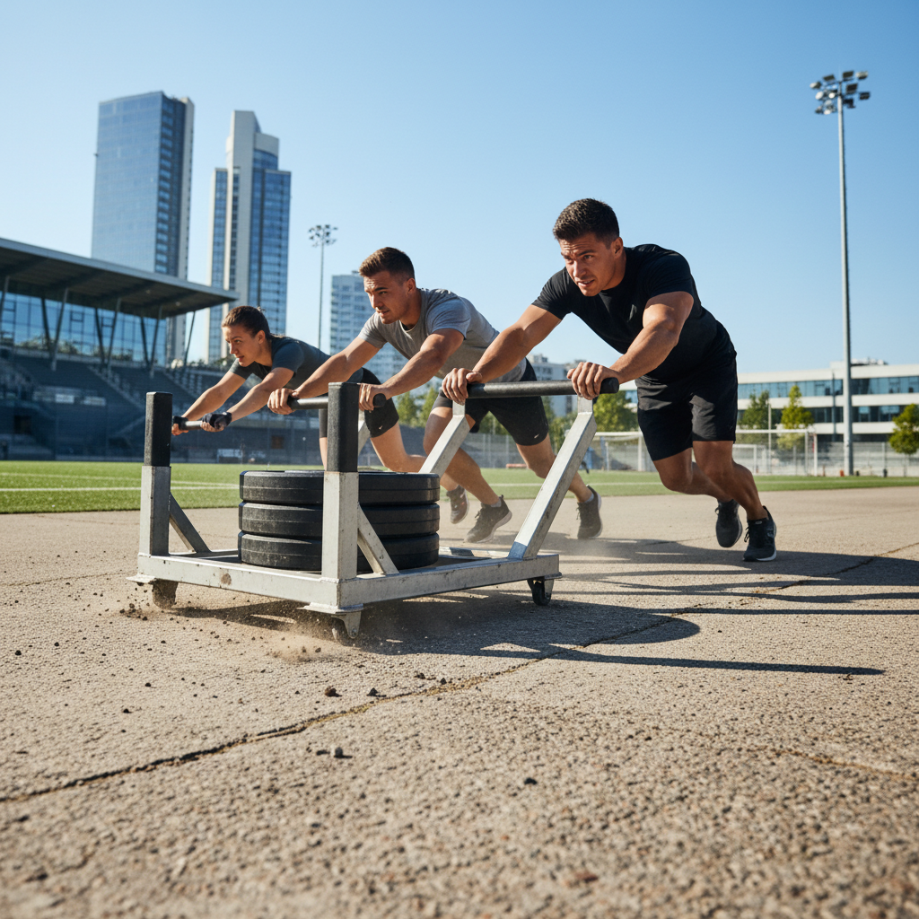 Athletes practicing push-off technique on a training sled on flat ground, coach watching and timing