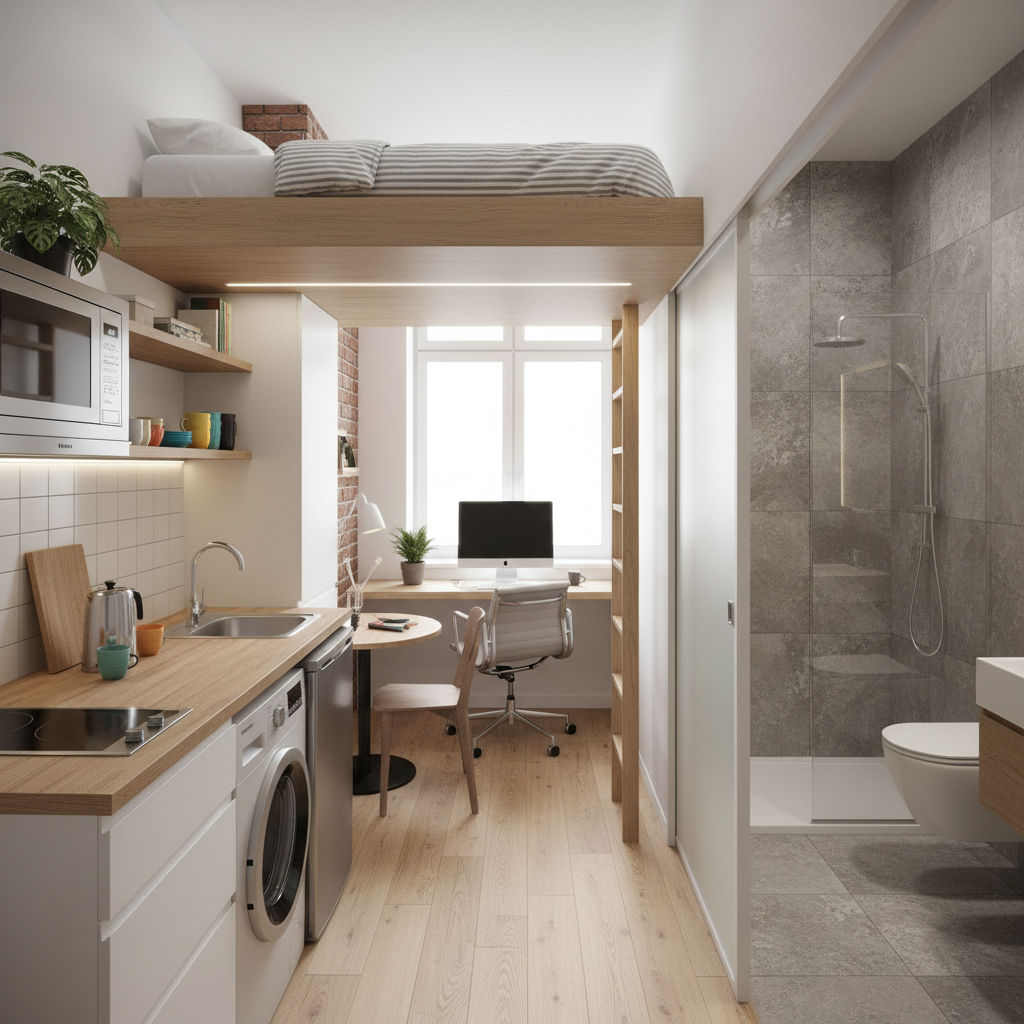 Studio compact avec lit mezzanine et cuisine ouverte moderne