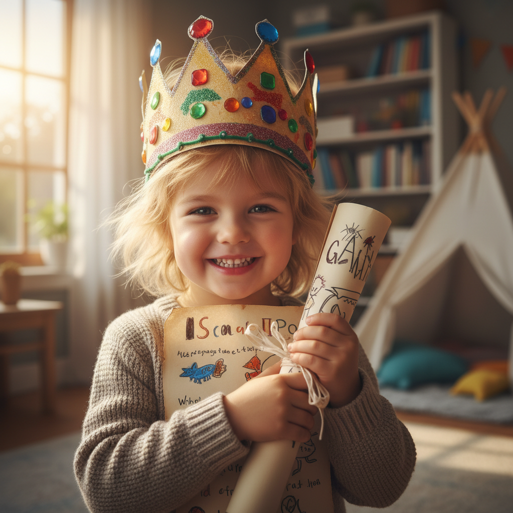 Child wearing a paper crown craft they made, holding up the finished craft with big smile