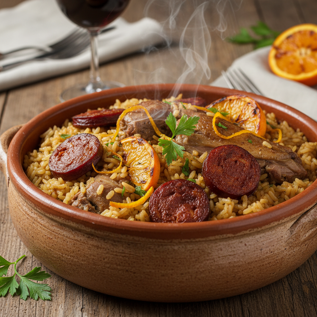Cazuela de frijoles humeante con costilla y chorizo