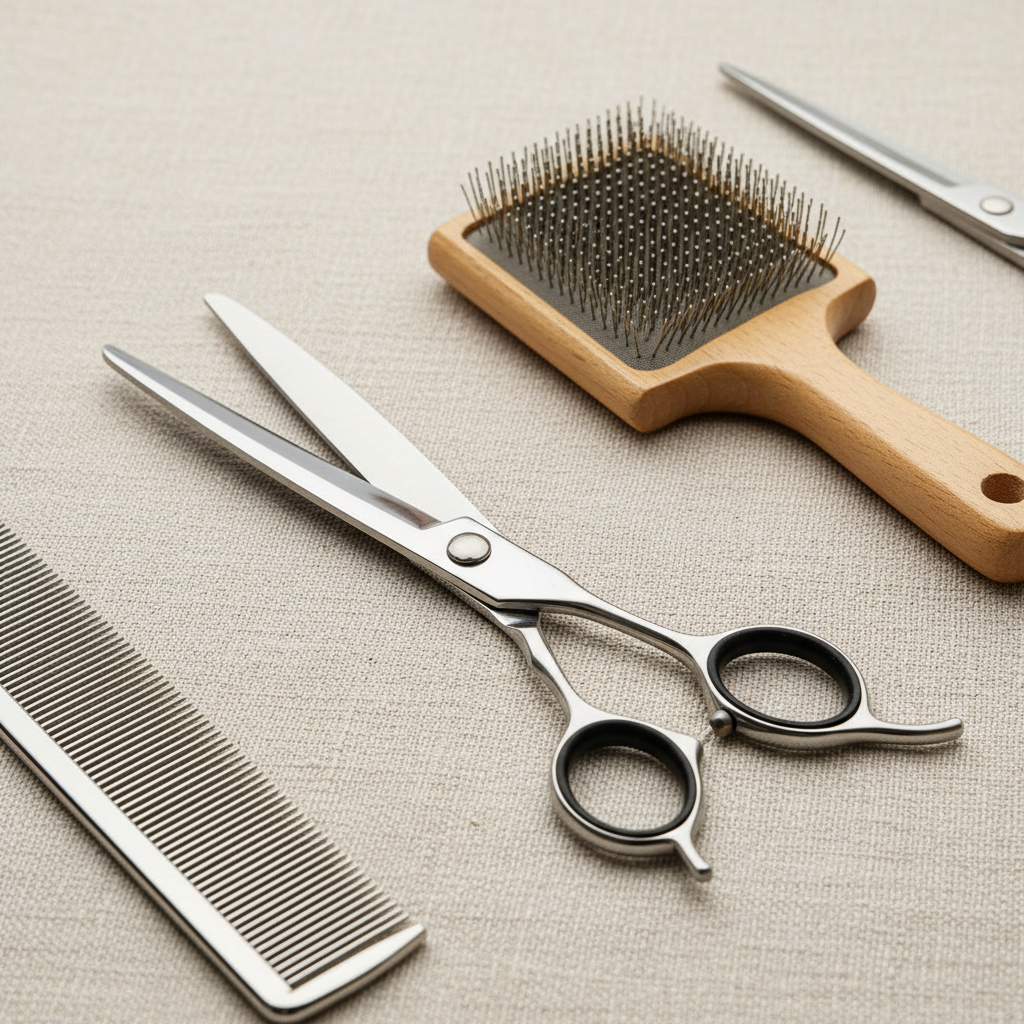 Close-up of grooming tools — curved shears and slicker brush on a linen surface