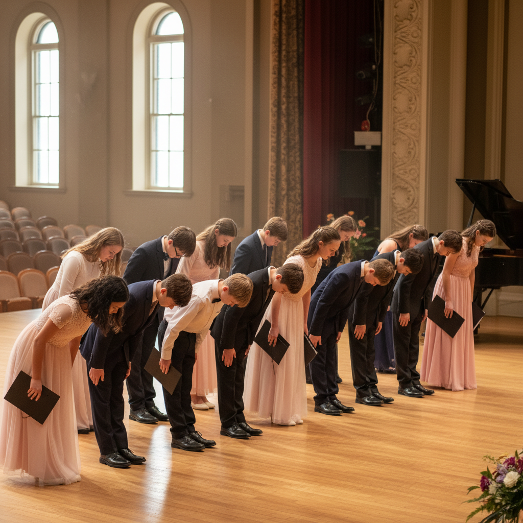 Group of students bowing after their recital performance