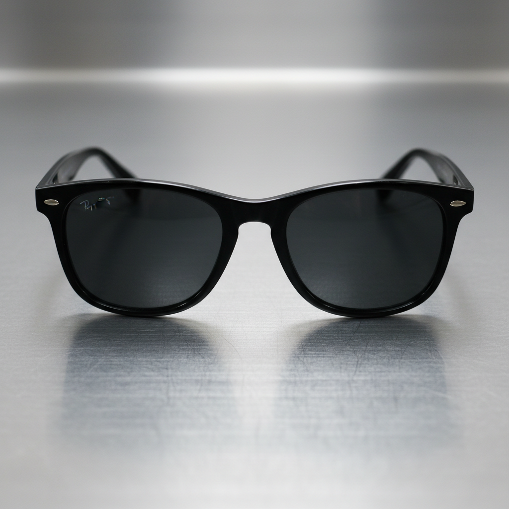 Classic wayfarer sunglasses with dark lenses on brushed steel surface