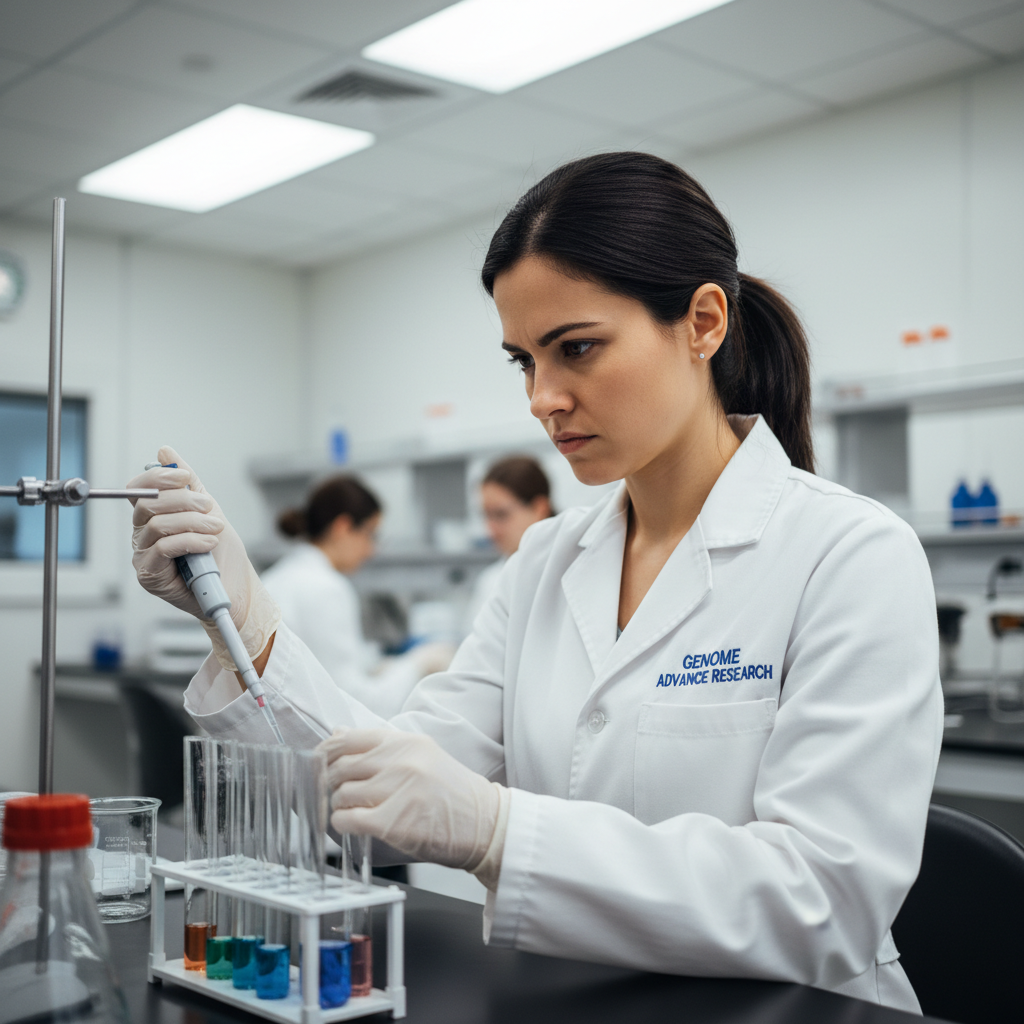 Professional woman in lab coat in pharmaceutical research setting
