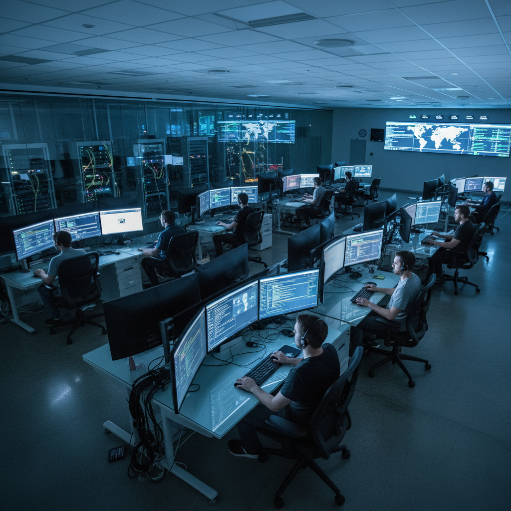 Network operations center with engineers monitoring real-time IT infrastructure dashboards