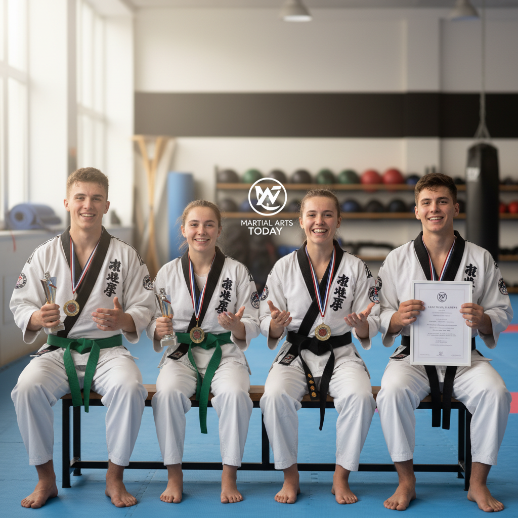 Group of young karate students posing with medals and trophies