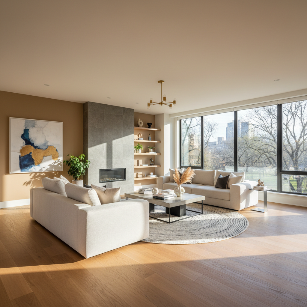 After renovation: beautifully designed modern living room with warm lighting, elegant furniture, and polished finishes