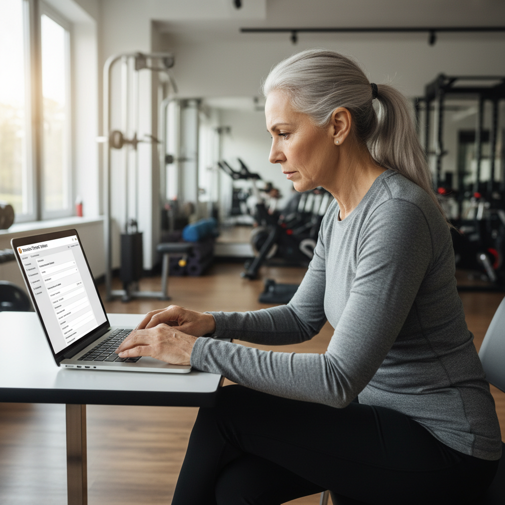 Person reviewing fitness options on a tablet, seated comfortably at home