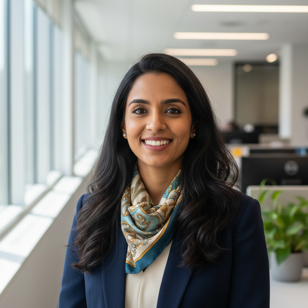 South Asian woman smiling, bright airy office background, natural lighting