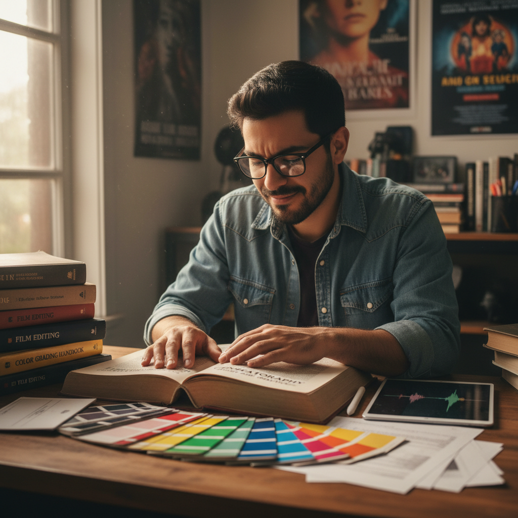 Young Latino man with glasses sitting at a desk covered in film books and color swatches