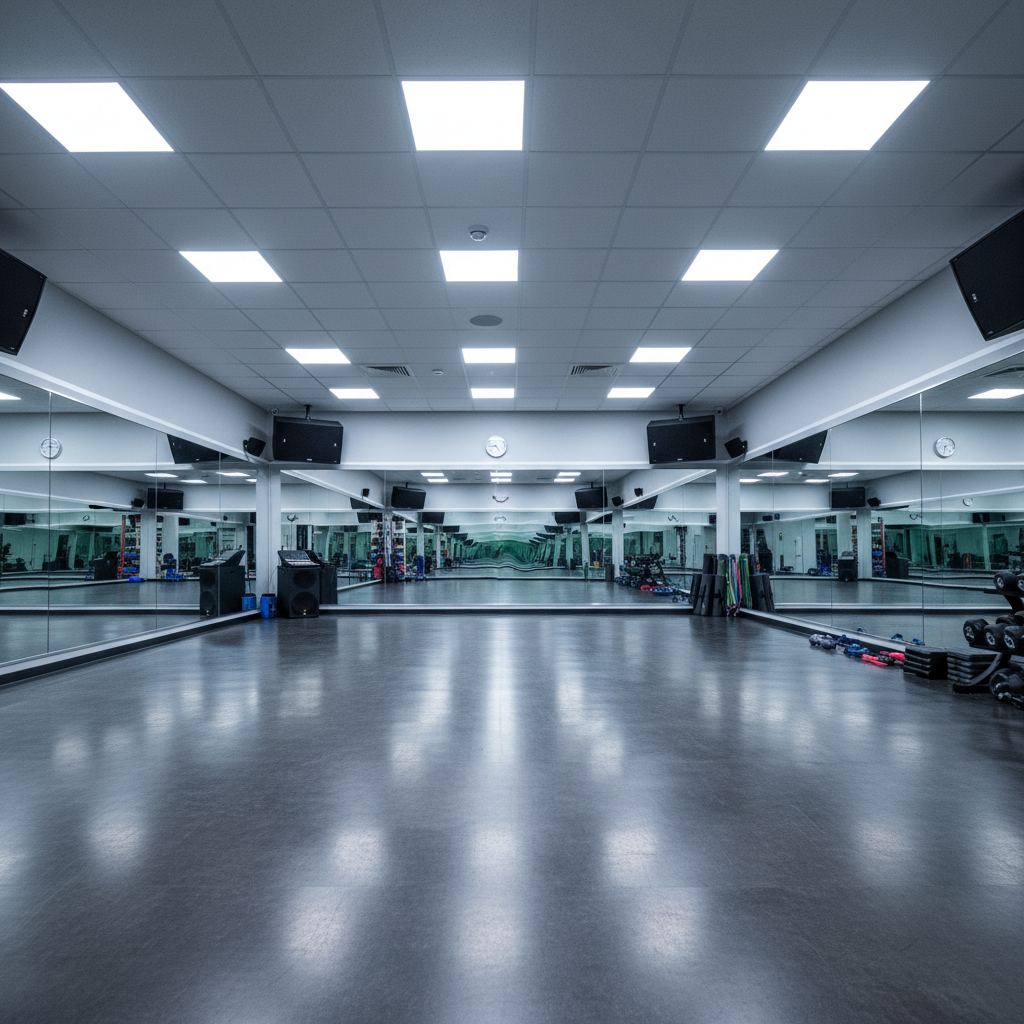 Bright aerobics studio with large mirrors on walls, sprung wood floor, group fitness class in session