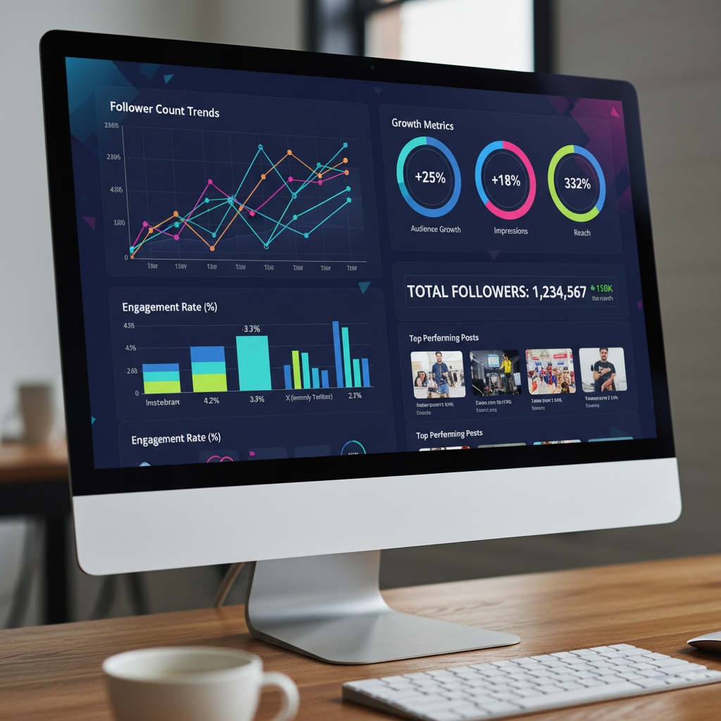 Social media analytics dashboard showing engagement metrics on a laptop screen in a clean workspace