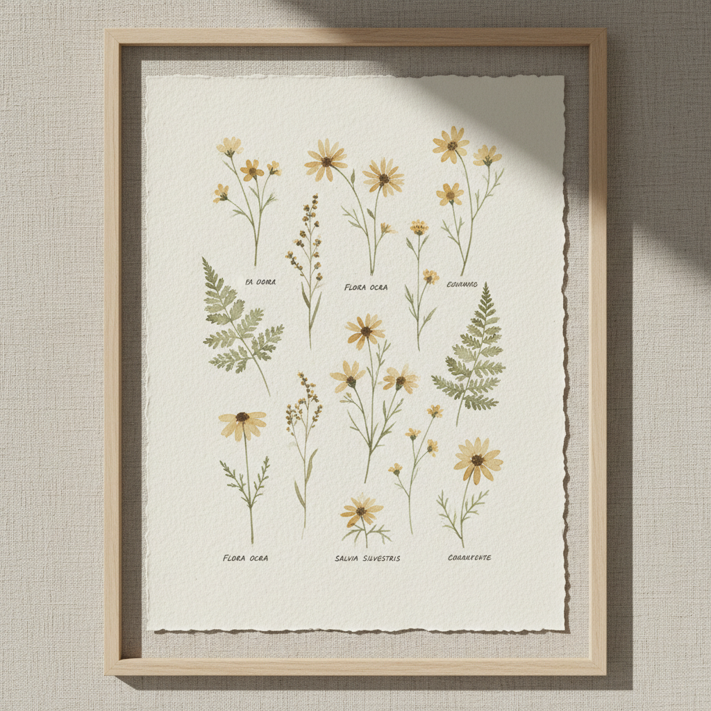 Finished botanical watercolor print showing pressed wildflowers painted in soft ochre and sage on handmade paper