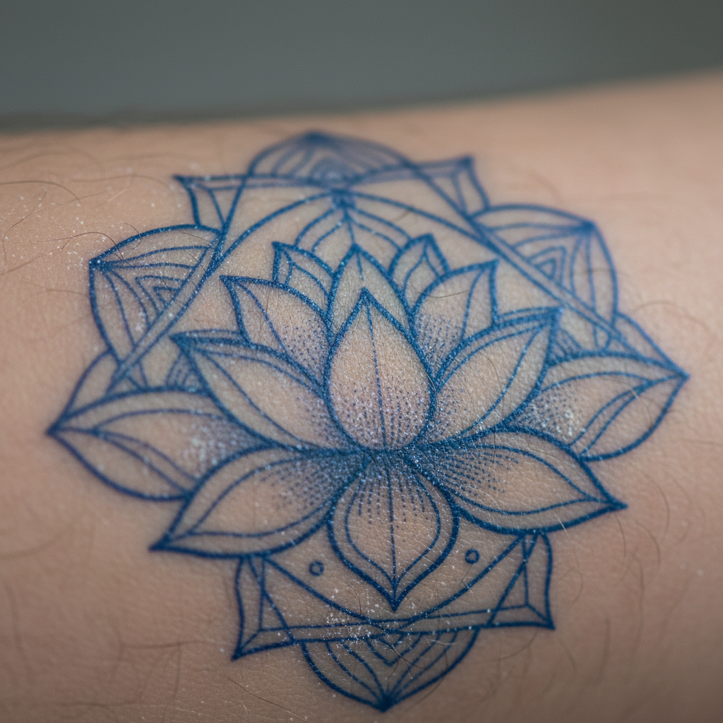 Tattoo stencil applied to skin before inking, blue transfer lines visible