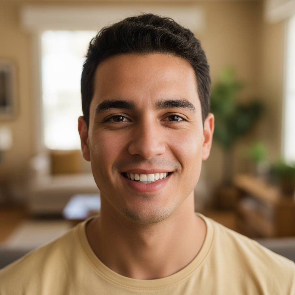 Young Latino man with friendly smile, casual outdoor portrait, enthusiastic beginner rider energy