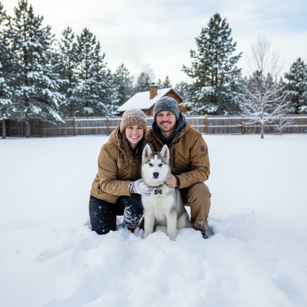 Faded snapshot of founders with their first husky puppy, a blue-eyed Siberian husky named Koda, sitting in a snowy yard