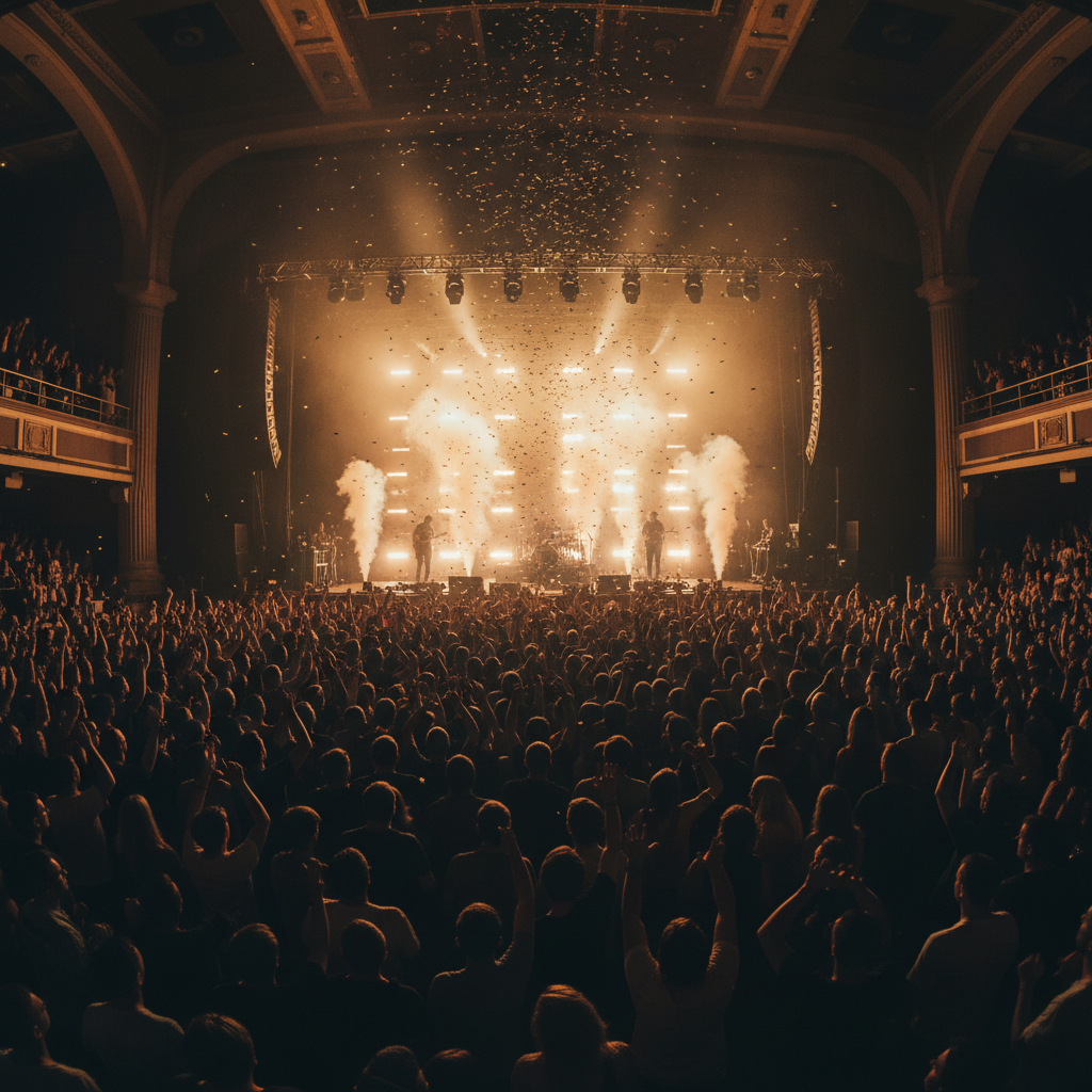 Concert venue interior with warm stage lighting and crowd silhouettes