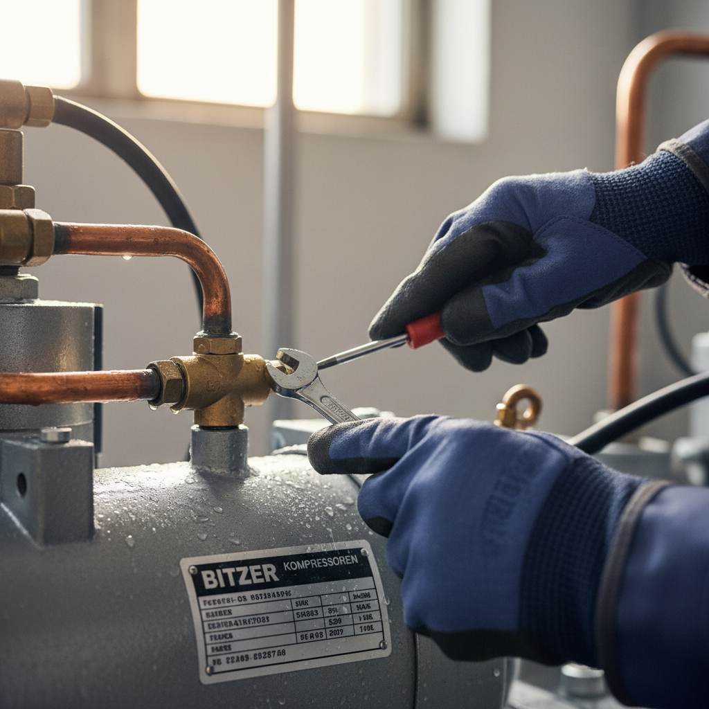 Certified refrigeration mechanic's gloved hands adjusting TXV on Bitzer semi-hermetic compressor with condensation on suction line