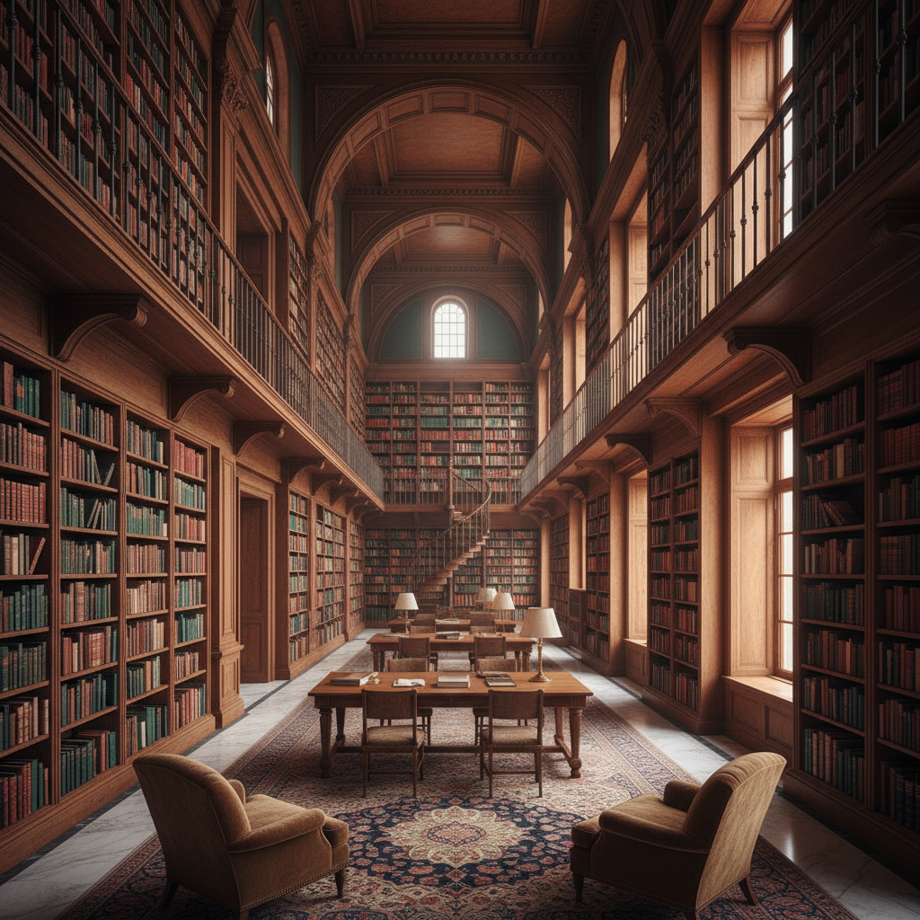 Open library with floor-to-ceiling shelves of leather-bound books in warm amber light
