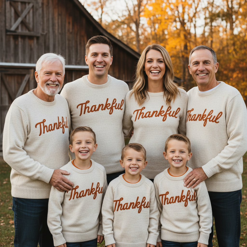 Family of seven in coordinated Thankful crewneck sweaters