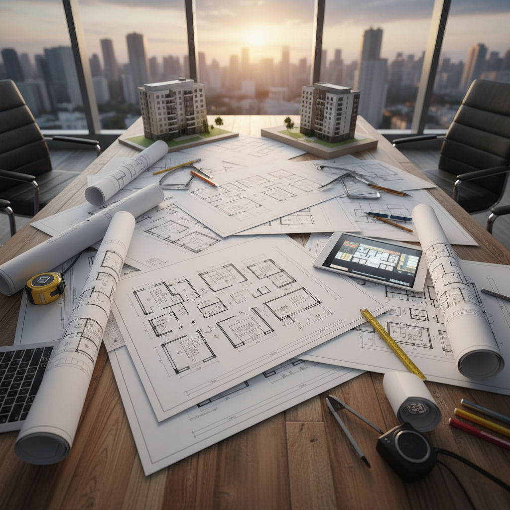 Architectural blueprints and residential construction plans spread on a table