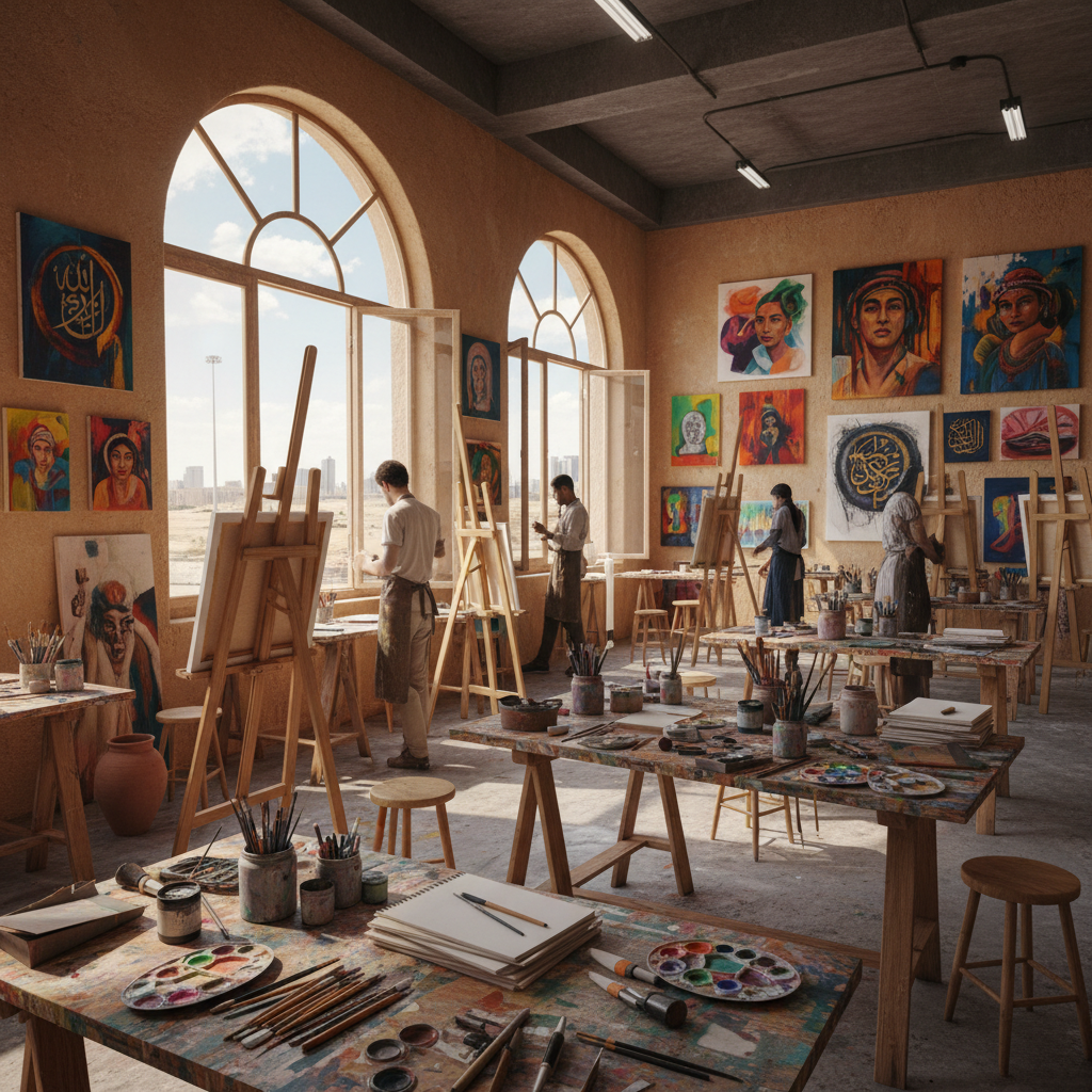 Colorful painting canvases in bright art studio, natural skylight illumination