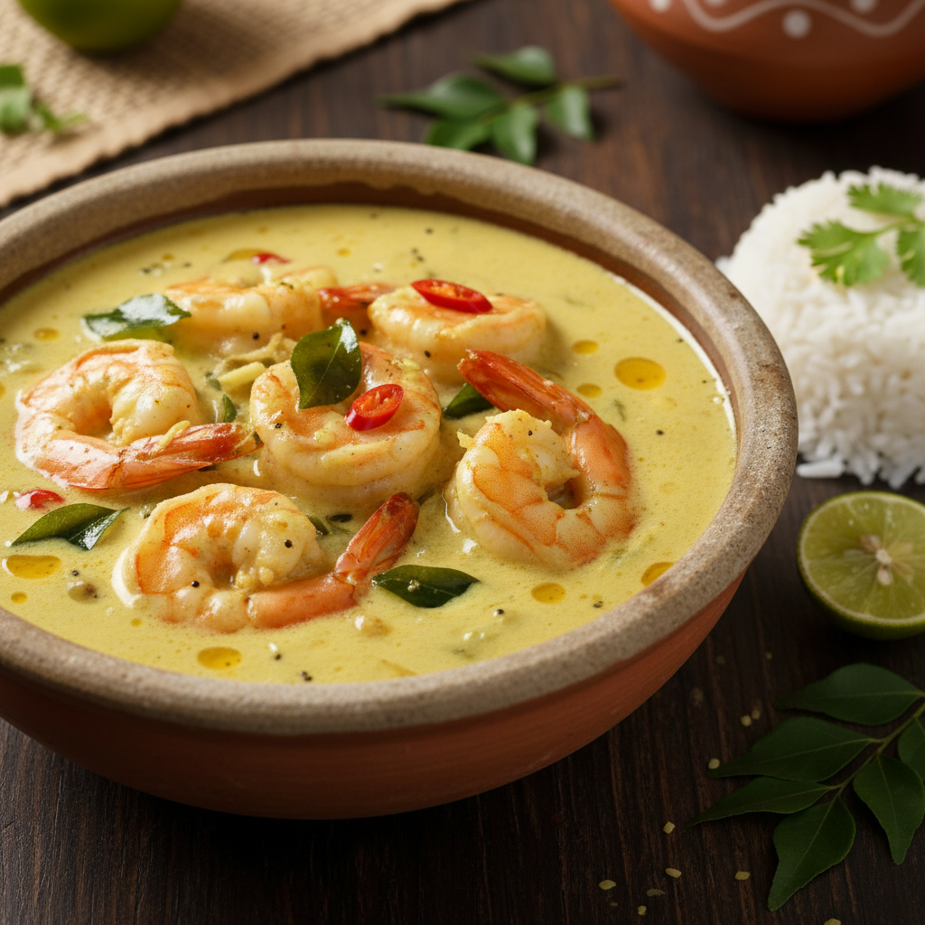 Kerala prawn moilee — large fresh prawns in a pale golden, delicate coconut milk curry with turmeric and green chillies, served in a white bowl