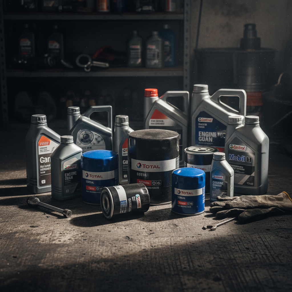 Engine maintenance products and filters, dark workshop, atmospheric lighting