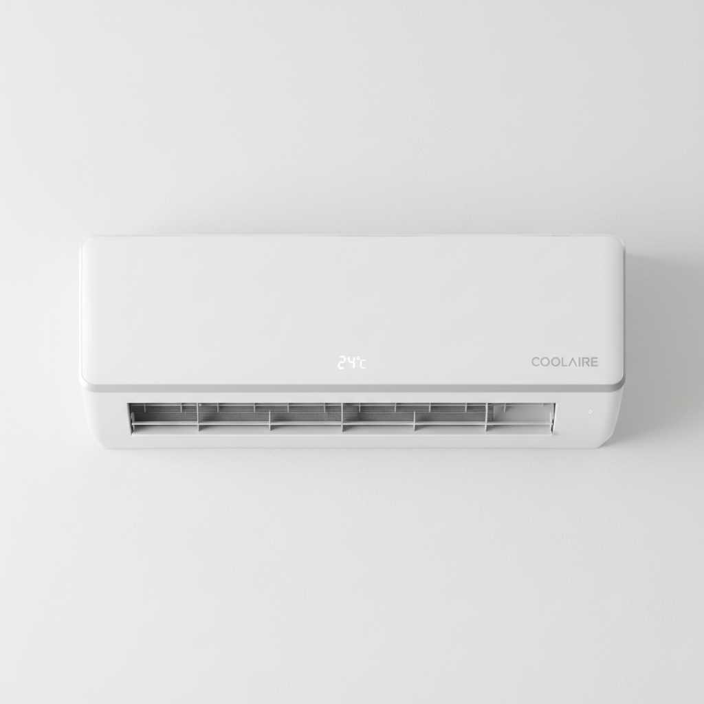 Modern split air conditioner unit mounted on white wall