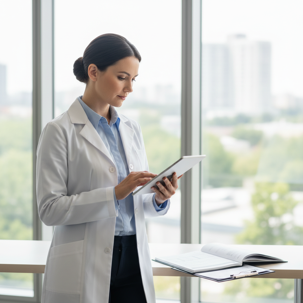 Doctor using tablet in bright clinical environment, white walls, soft daylight, professional medical setting