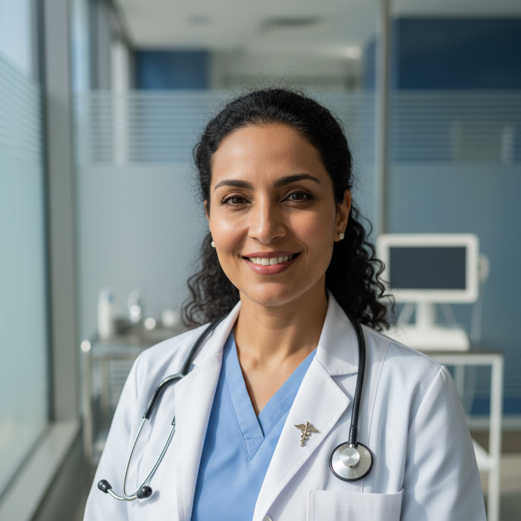 Female doctor in professional attire smiling in modern clinic setting