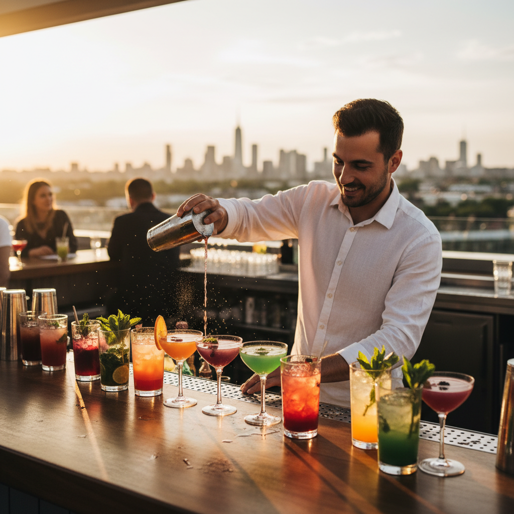 Bartender in crisp white linen shirt serving cocktails on a rooftop bar at golden hour