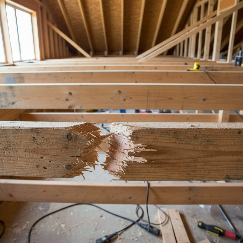 Roof truss bottom chord cut by framing crew showing unauthorized field modification