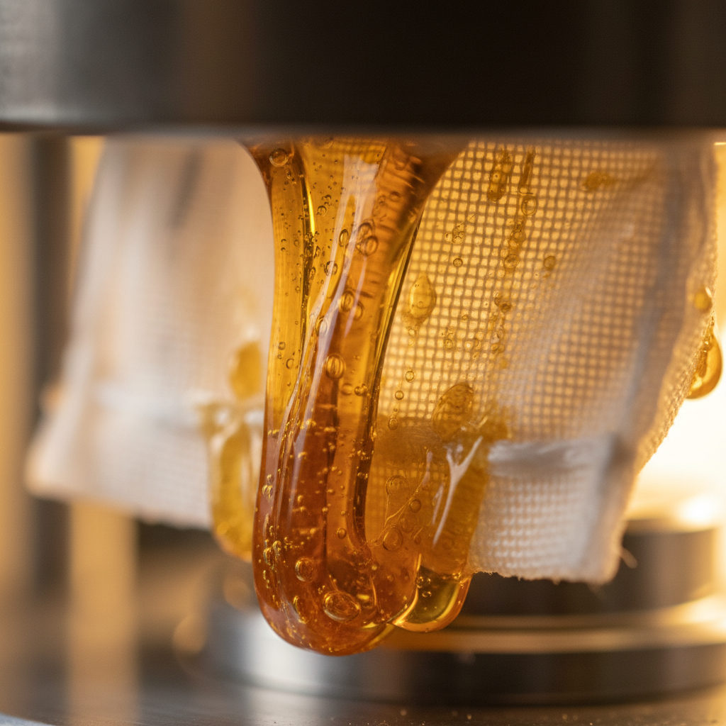 Close-up of golden resin pressing through a micron bag, warm amber tones, extraction process