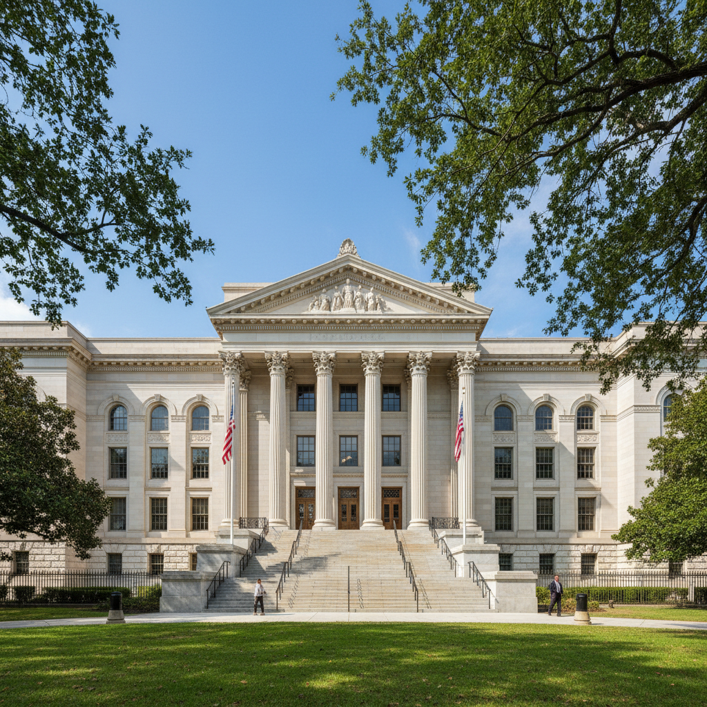 UK court building with classical columns and British justice architecture