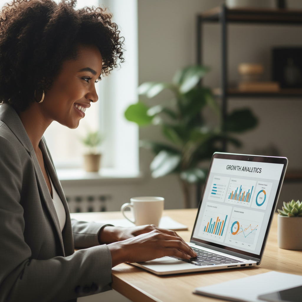 Black woman founder smiling at laptop screen showing her product dashboard