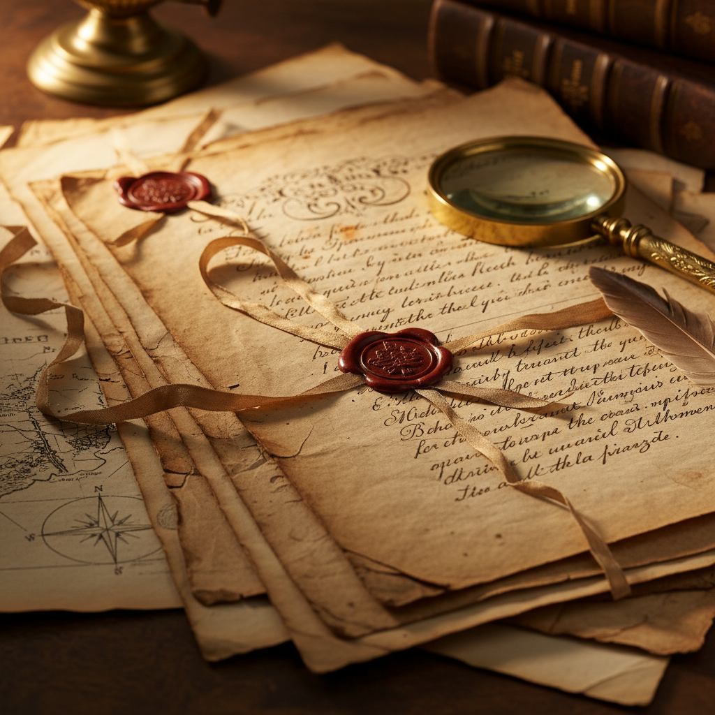 Stack of aged Victorian documents and manuscripts under lamplight with handwritten annotations