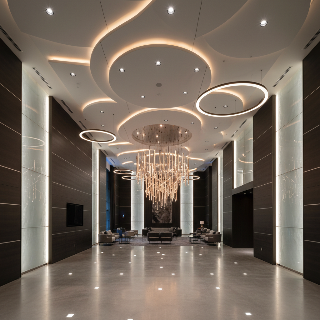 Modern hotel lobby with high ceilings, dark interior design, dramatic lighting, sophisticated decor