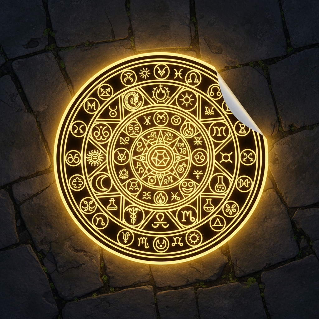 Dramatic golden alchemy circle glowing on stone floor with intricate geometric patterns and mystical symbols